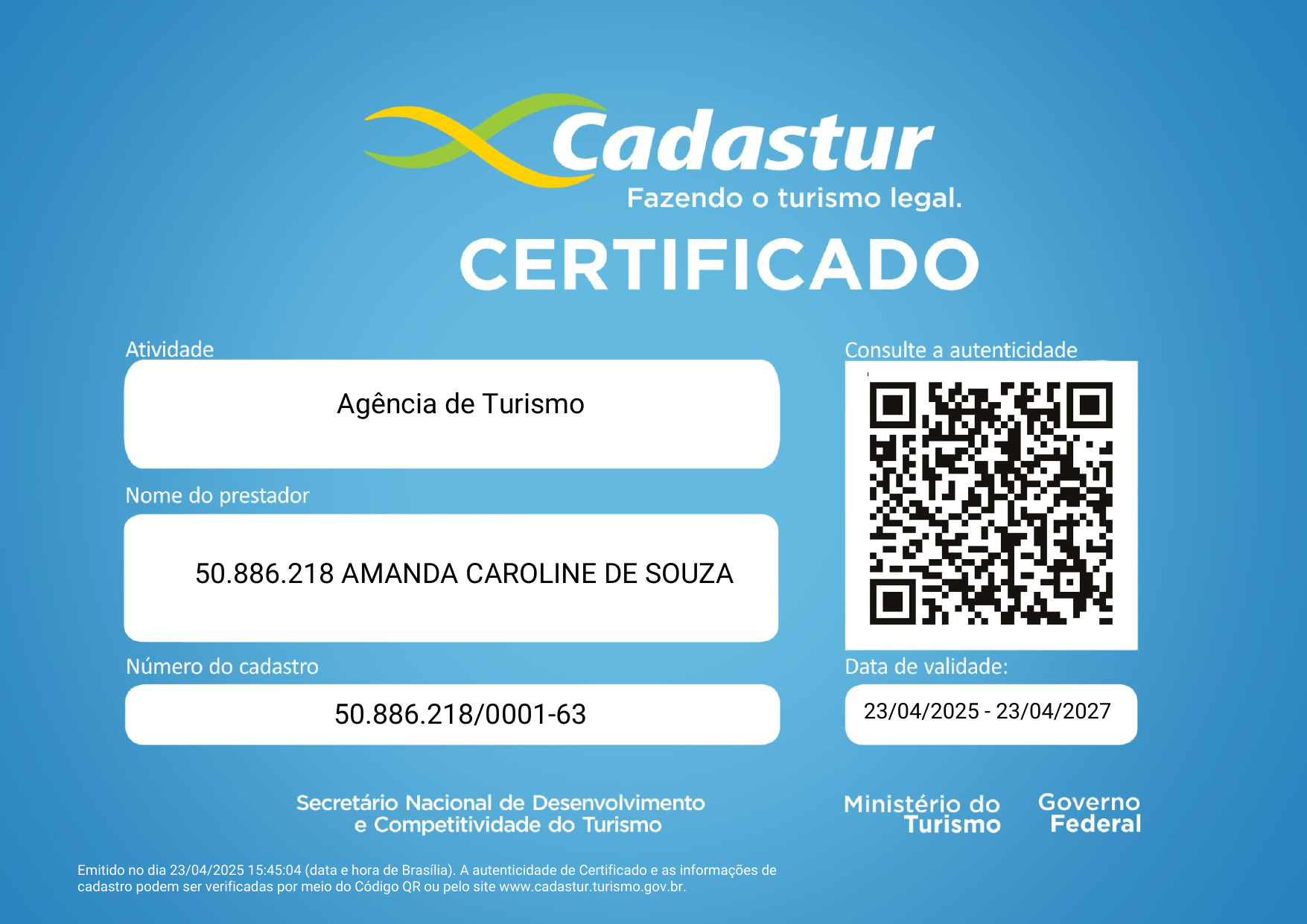 Imagem do certificado Cadastur da empresa